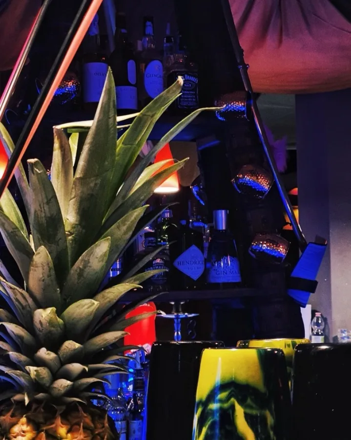 Pineapple and bottles behind the Maitai Club bar.